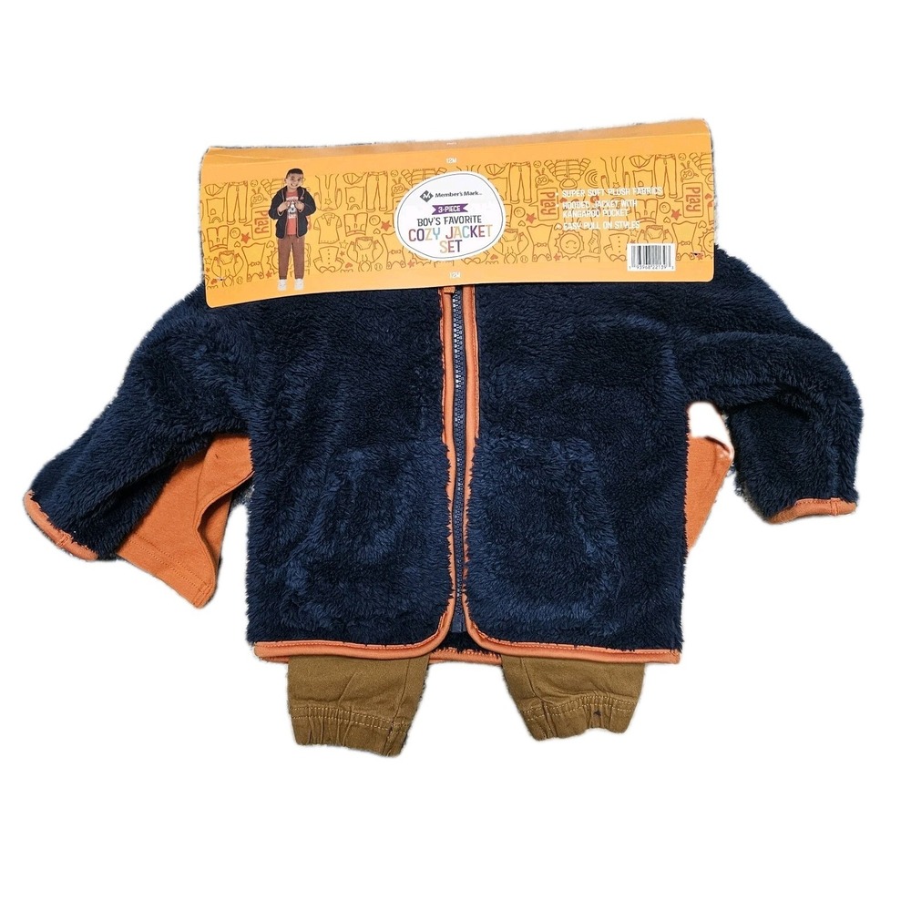 Member's Mark Jacket Set‎ Boys 12M Navy Orange Cozy 3pc Adventure Awaits Plush